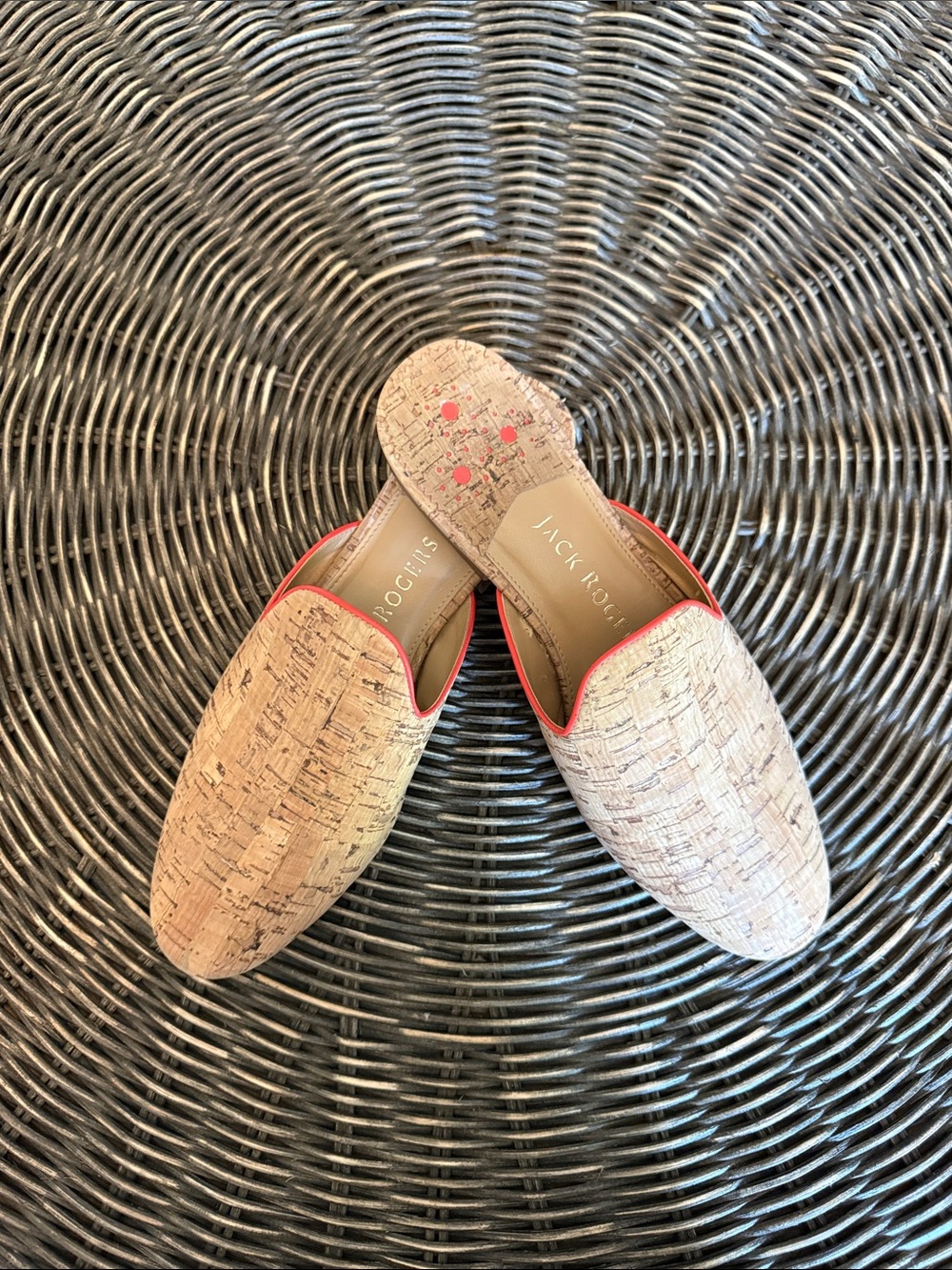 Jack Rogers Cork-Textured Slip-On Mules with Coral Trim